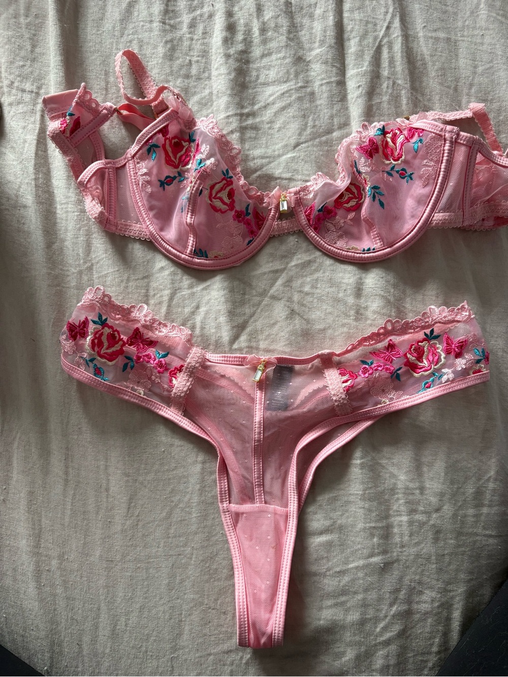 Sheer Pink Floral Embroidered Underwire Bra & Thong Set